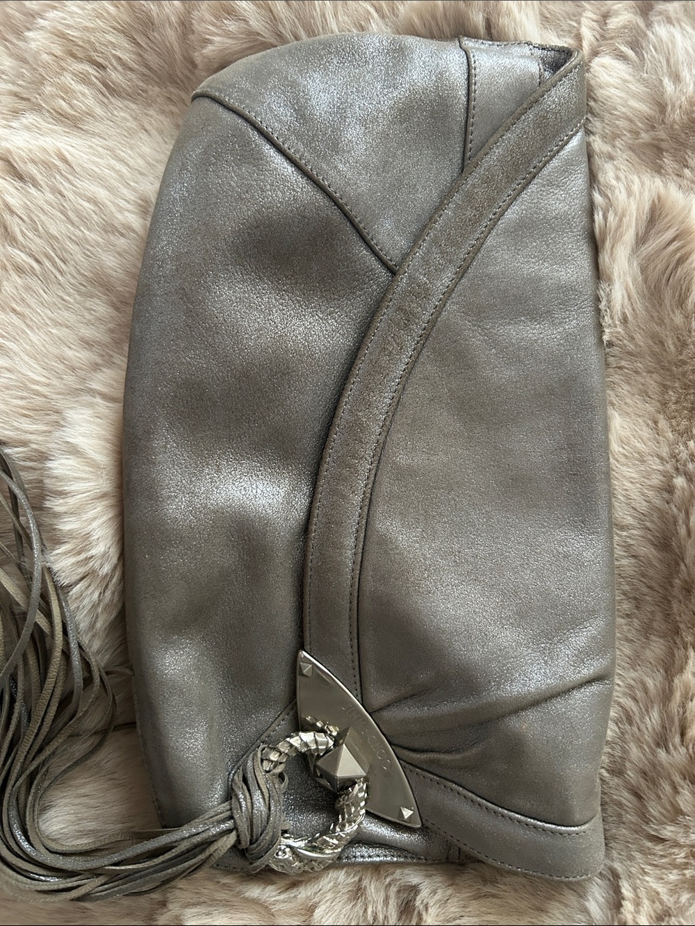 Jimmy Choo Metallic Silver Leather Tassel Clutch